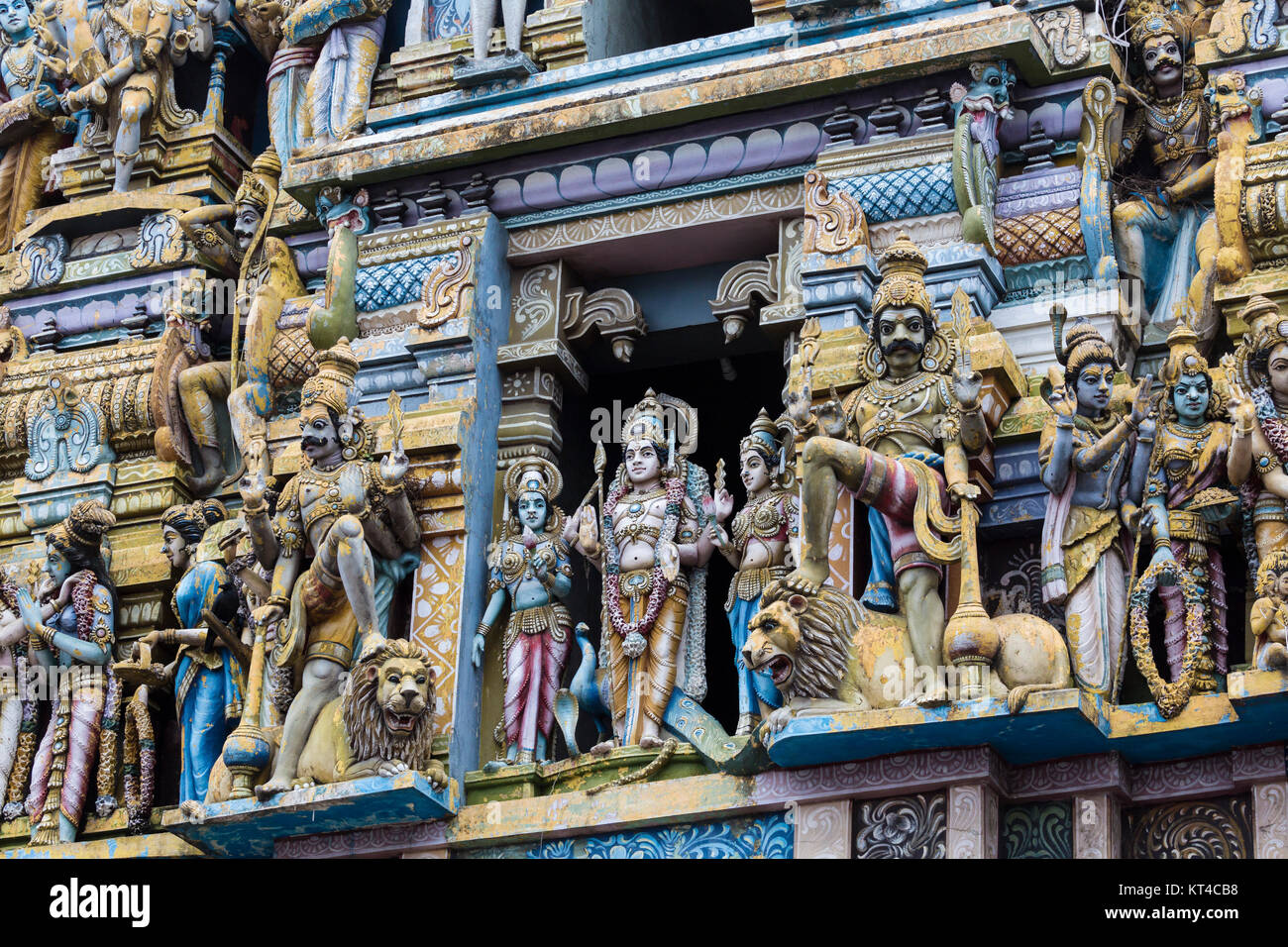 Closeup details on the tower of a Hindu Temple dedicated to Lord Shiva in Colombo, Sri Lanka. Stock Photo