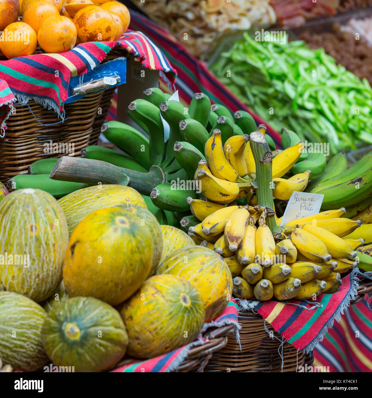 A lot of tropical fruits in outdoor market Stock Photo