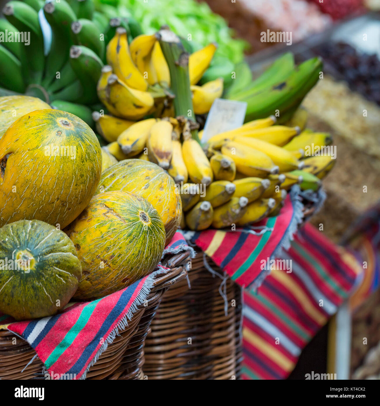 A lot of tropical fruits in outdoor market Stock Photo