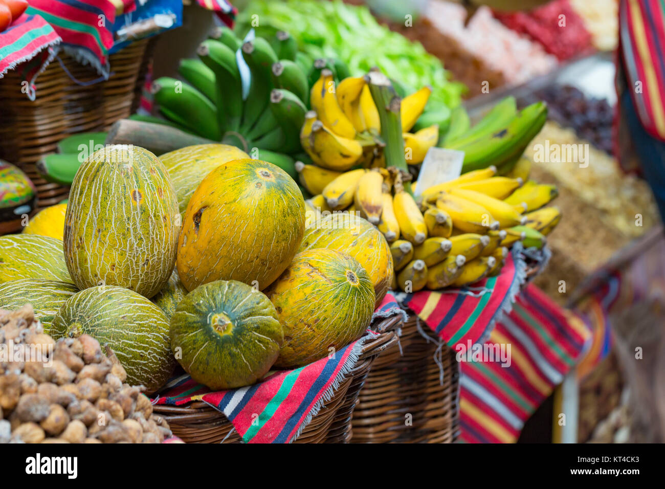 A lot of tropical fruits in outdoor market Stock Photo