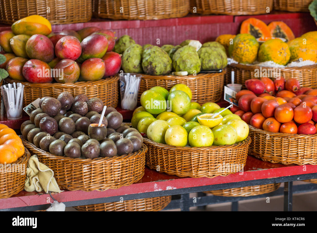 Fresh exotic fruits in Mercado Dos Lavradores. Funchal, Madeira Stock