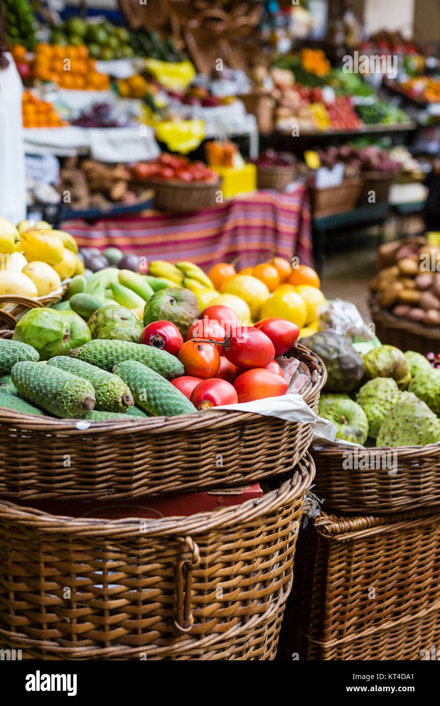Fresh exotic fruits in Mercado Dos Lavradores. Funchal, Madeira Stock
