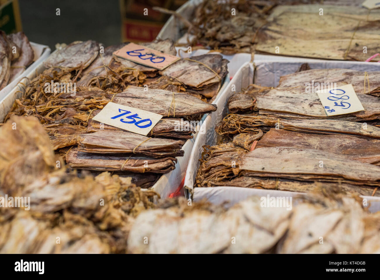 Dried seafood on sale in a thai street market in Bangkok, Thailand