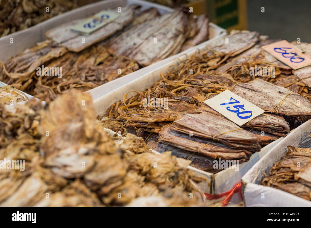 Dried seafood on sale in a thai street market in Bangkok, Thailand