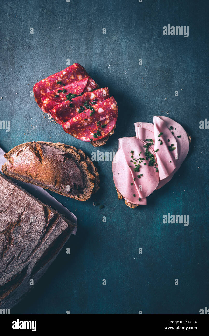 crusty bread with fresh chorizo u200bu200bsalami and mortadella Stock Photo