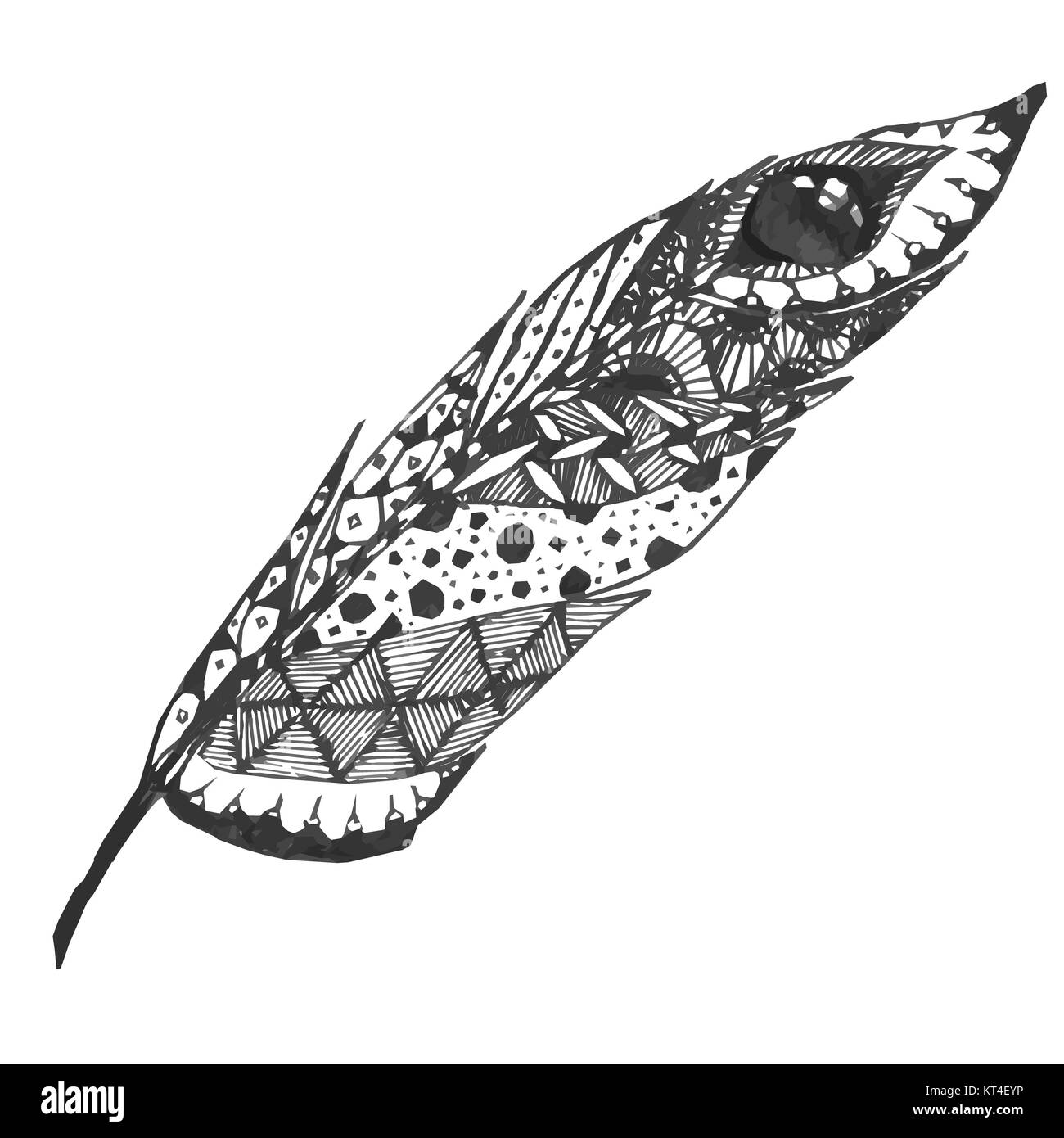 Hand drawn doodle zentangle feather isolated from background. Black and white illustration with different ornaments. Stock Photo