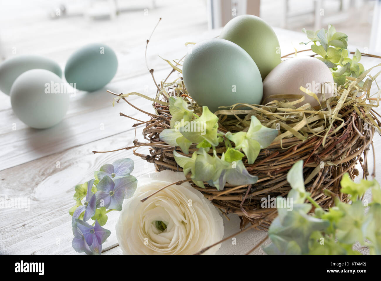 Still life with easter eggs in a nest and flowers Stock Photo - Alamy