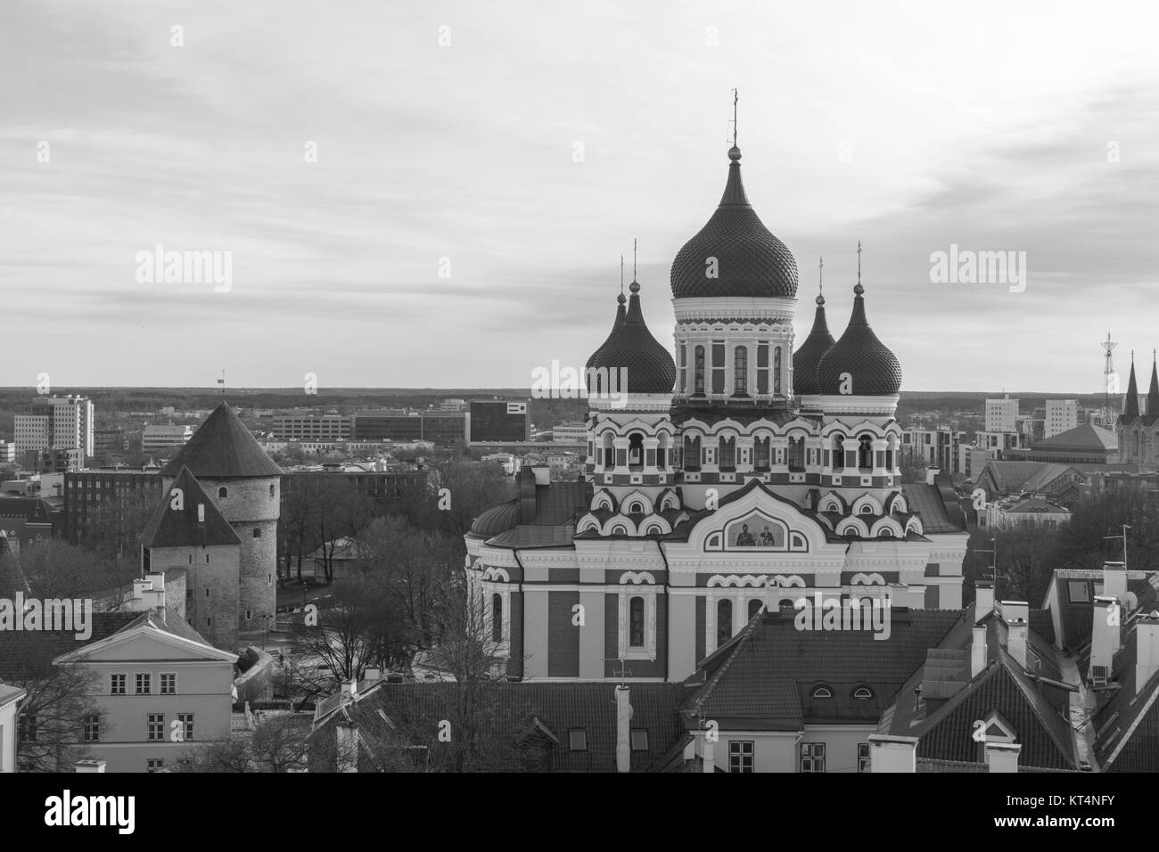 Cityscape view on the old town with Alexander Nevsky cathedral in Tallinn, Estonia (black and white) Stock Photo