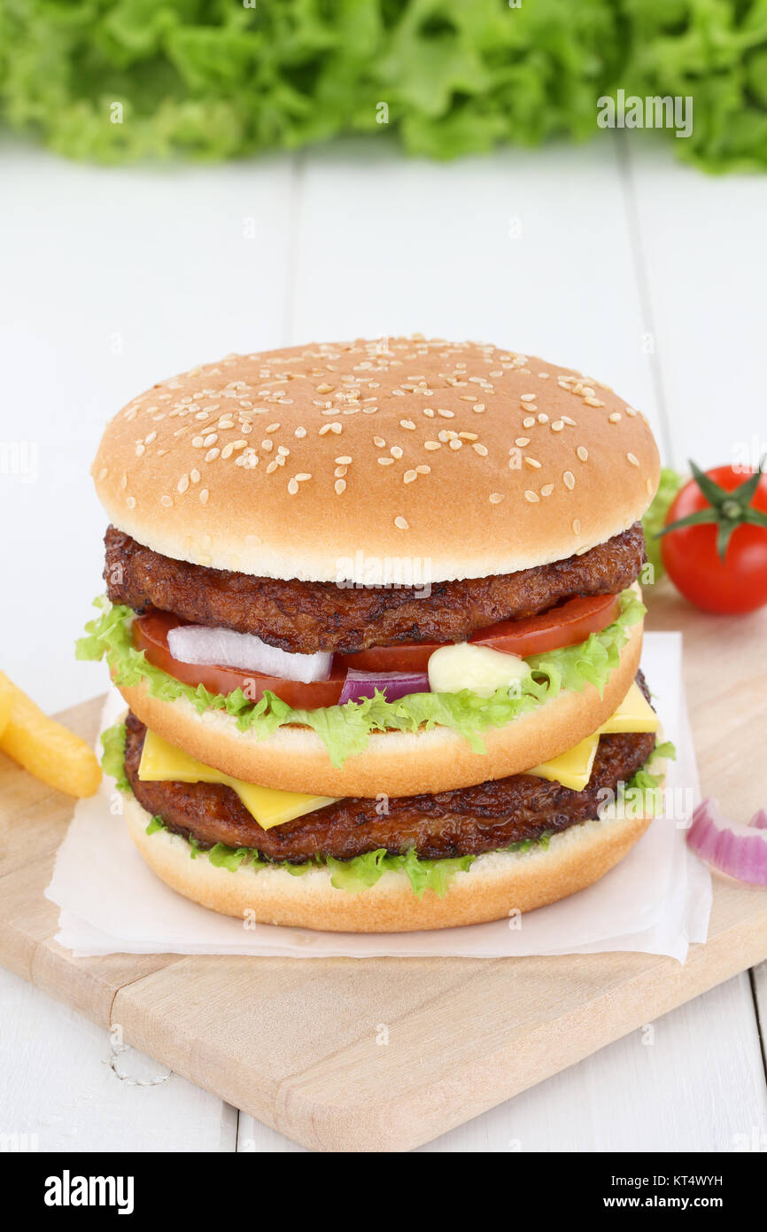 double burger double burger hamburger fresh meat cheese tomato salad Stock Photo