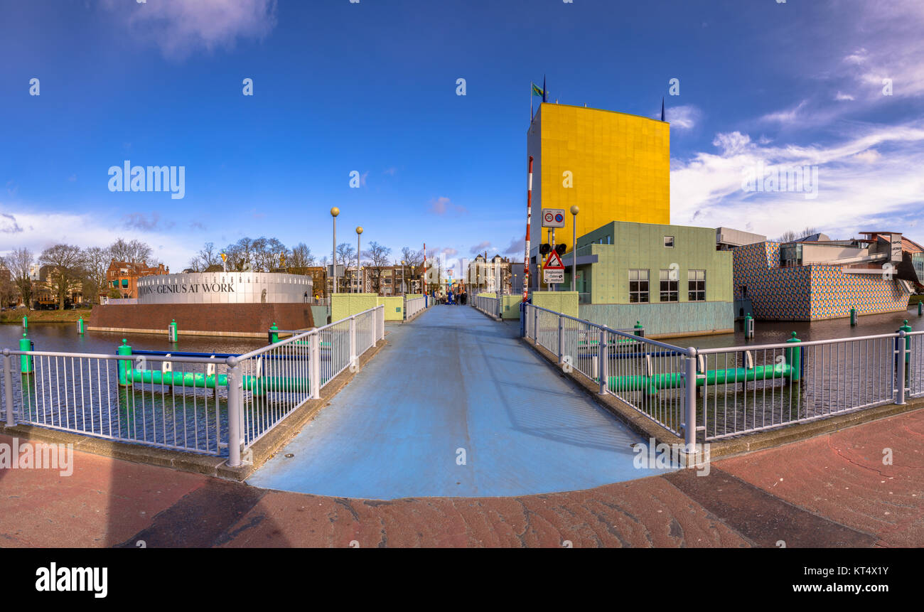 GRONINGEN, NETHERLANDS, MARCH 17, 2017: Groningen Museum footbridge wide angle panorama on sunny spring day in high resolution Stock Photo