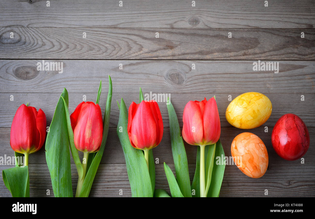 Easter eggs in nest with tulips Stock Photo - Alamy