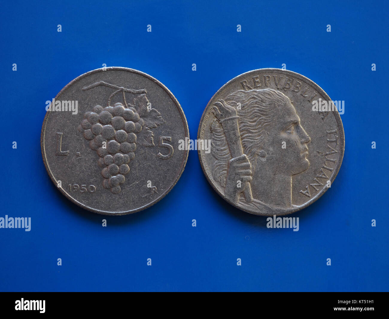 5 liras coin, Italy over blue Stock Photo