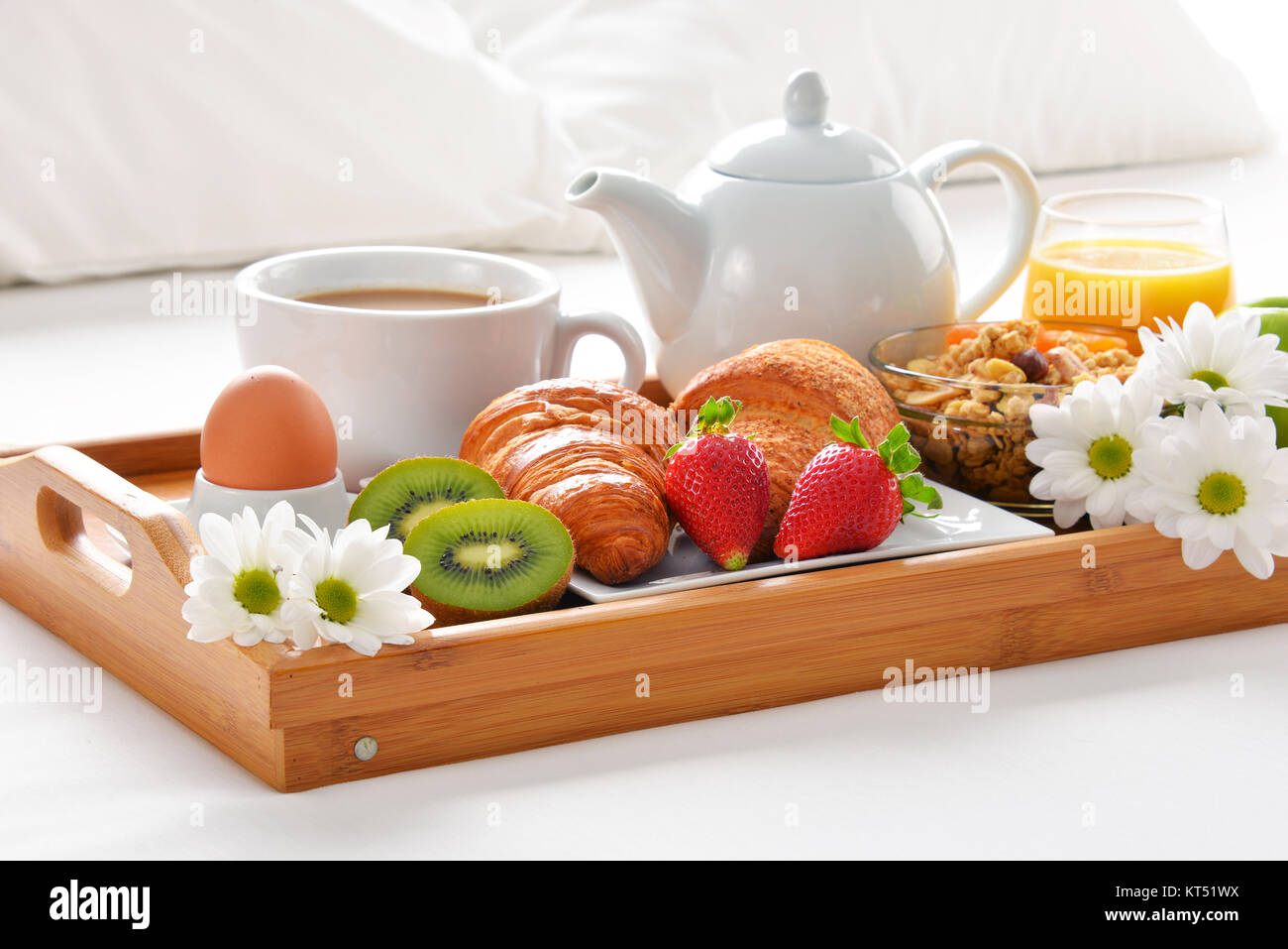 Breakfast tray in bed in hotel room Stock Photo - Alamy