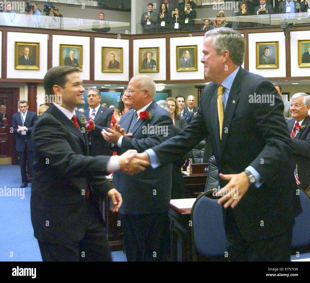 Newly-elected Speaker Marco Rubio being congratulated by Governor Jeb Bush Stock Photo