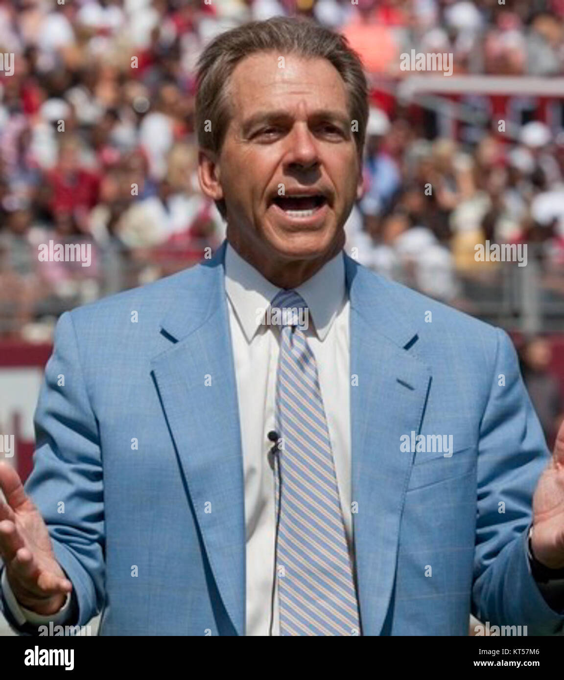 Nick Saban  who is the Alabama team coach  gives interviews and watches all the plays during this important spring scrimmage at University of Alabama  Tuscaloosa  Alabama LCCN2010638313 (cropped) Stock Photo