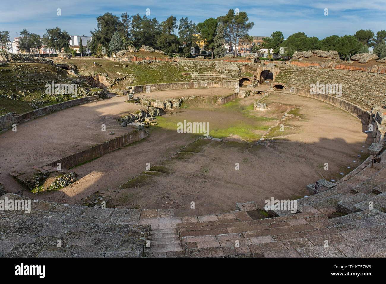 The ancient Roman amphitheater of Emerita Augusta, is one of the major archaeological monuments of Merida. Spain. Stock Photo