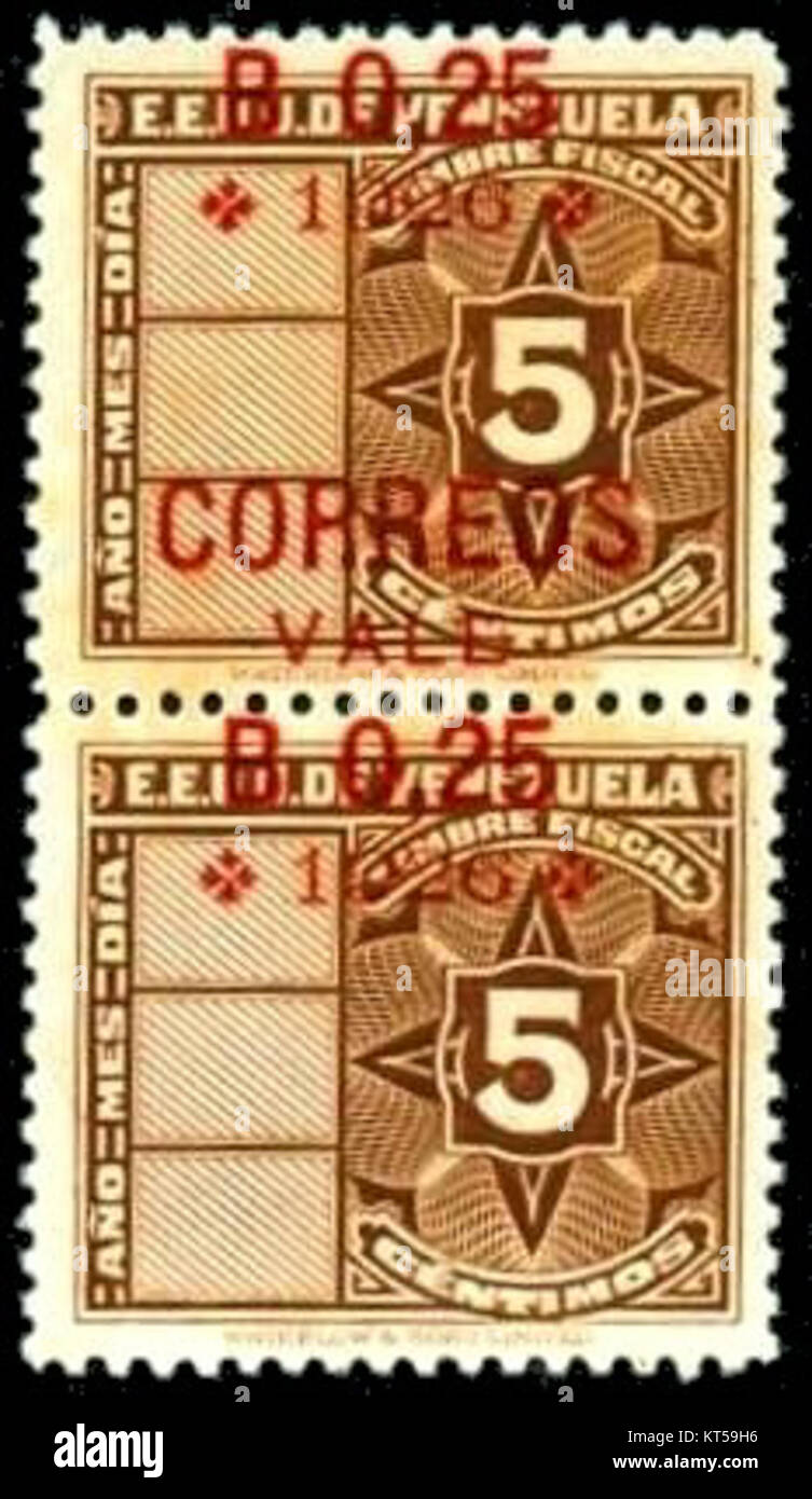 This 1926 Venezuelan fiscal stamp pair shows a misprint (displaced surcharge). It features two stamps that were incorrectly printed with an offset surcharge, making them a rare collectible item for philatelists. Stock Photo