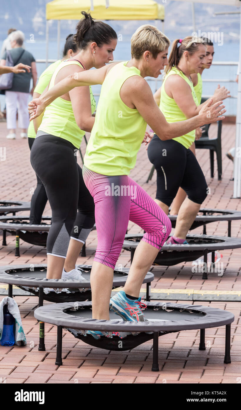 Trampoline aerobics class outdoors in Spain Stock Photo Alamy