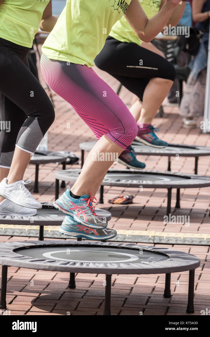 Trampoline aerobics class outdoors in Spain Stock Photo Alamy