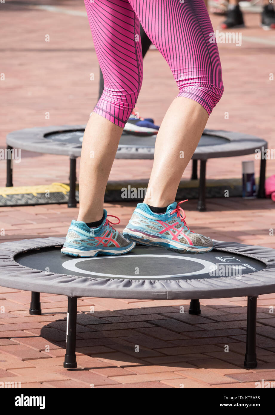 Trampoline aerobics class outdoors in Spain Stock Photo Alamy