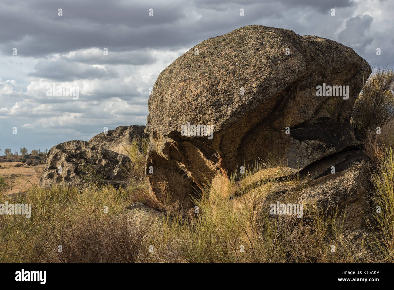 Landscape with granite formations in the natural area of the Barruecos. Extremadura. Spain. Stock Photo