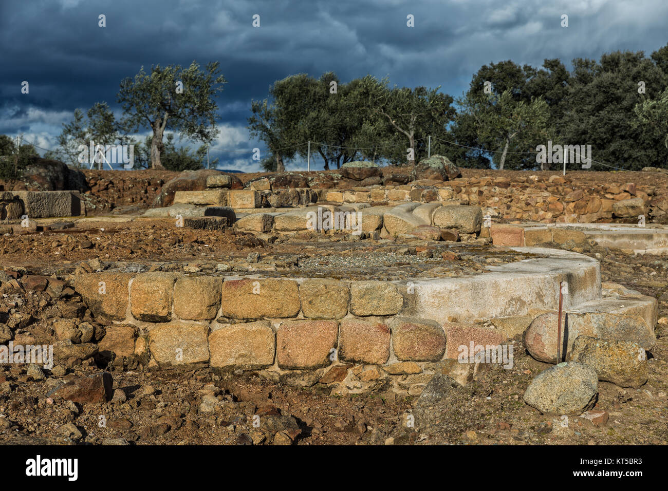 The Roman ruins of Caparra are located in the pasture Casablanca, among the terms of  Oliva de Plasencia and Guijo de Granadilla. Extremadura. Spain. Stock Photo
