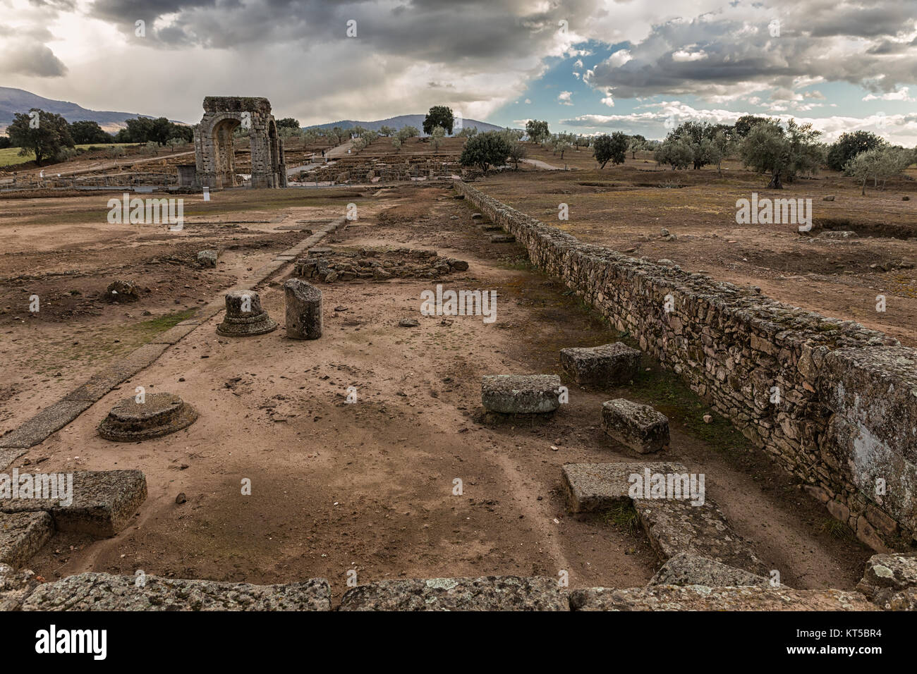 The Roman ruins of Caparra are located in the pasture Casablanca, among the terms of  Oliva de Plasencia and Guijo de Granadilla. Extremadura. Spain. Stock Photo