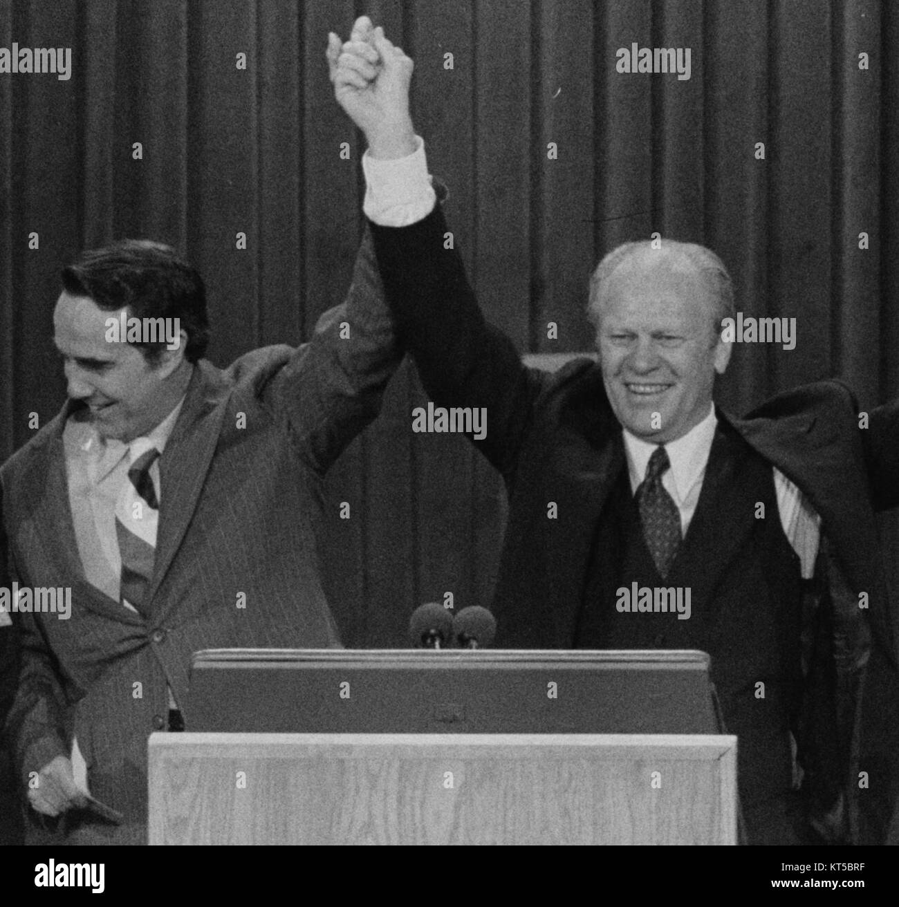President Gerald Ford and vice presidential candidate Bob Dole celebrate winning the nomination at the Republican National Convention, Kansas City, Missouri Stock Photo