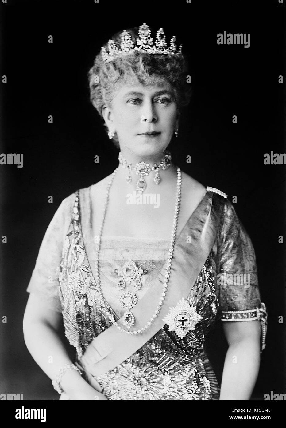 A formal portrait of Queen Mary, consort of King George V, captured in a dignified pose. The portrait reflects her royal status and importance within British monarchy history. Stock Photo