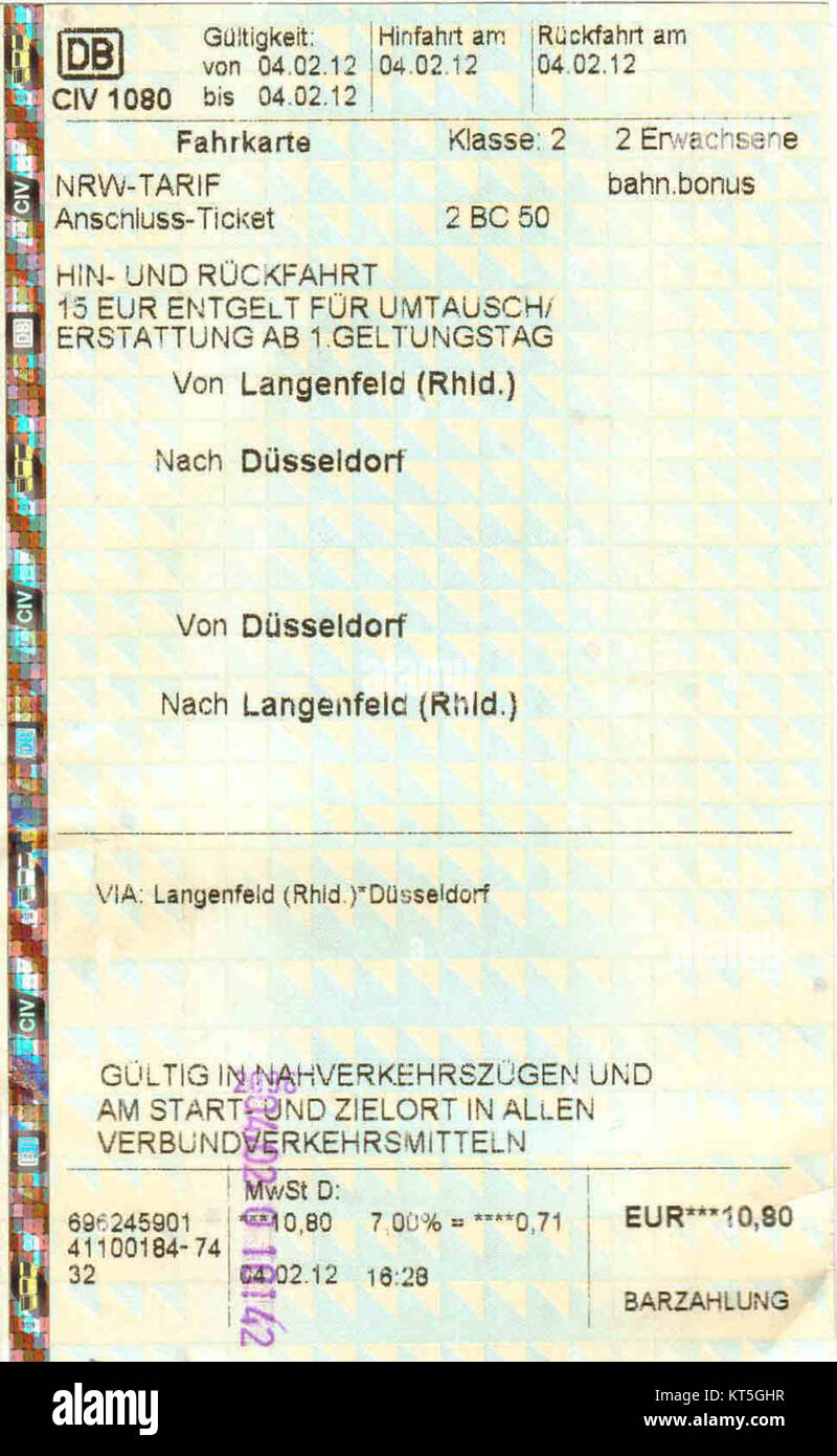 Anschluss-Ticket zum NRW-Tarif Deutsche Bahn - Langenfeld-DC3BCsseldorf-Langenfeld 2012 Stock Photo