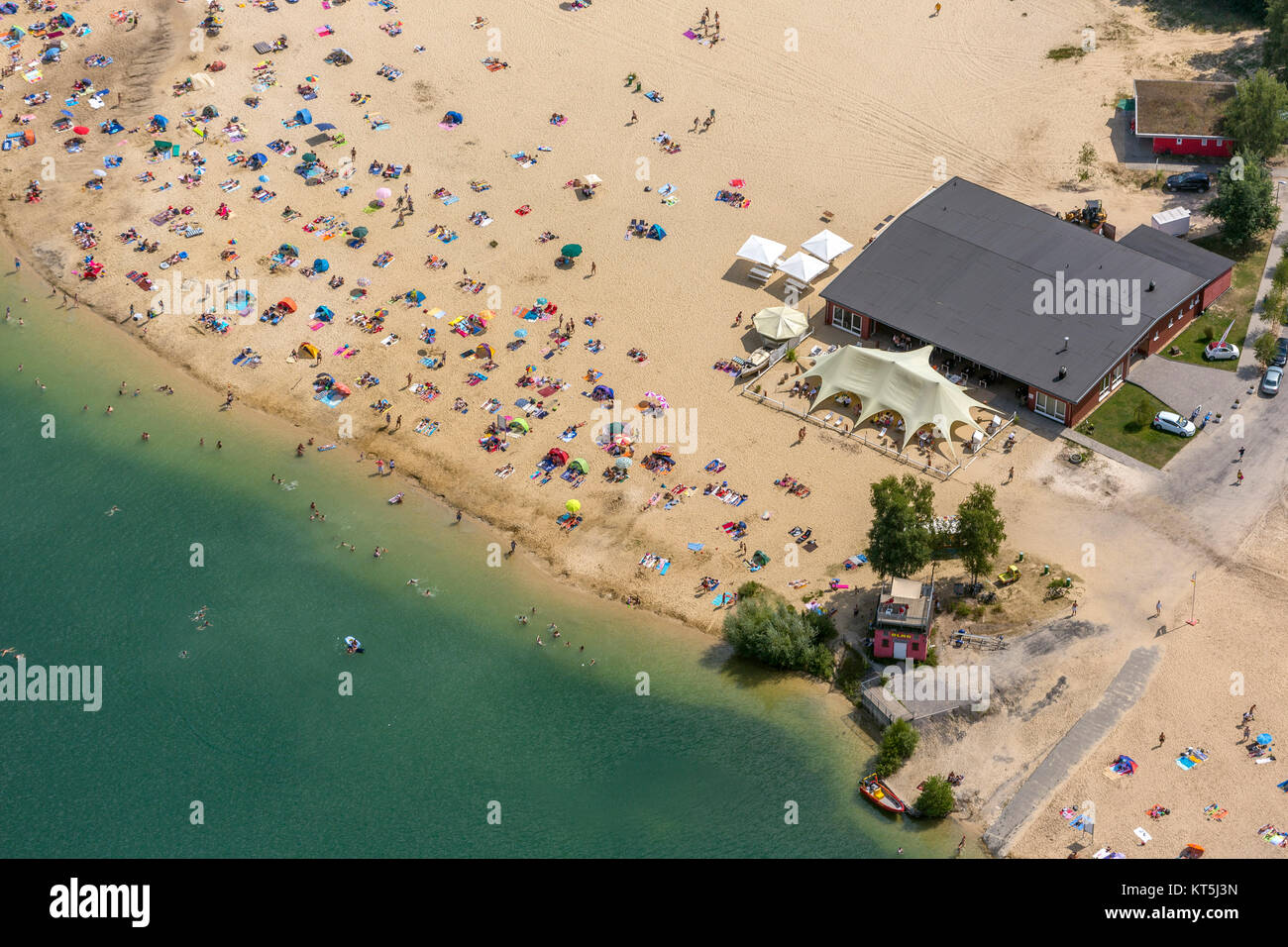 Silver II from the air, bathing, water reflection, sand beach and turquoise waters, aerial view of Haltern am See, Haltern am See, Ruhr, Nordrhein-Wes Stock Photo