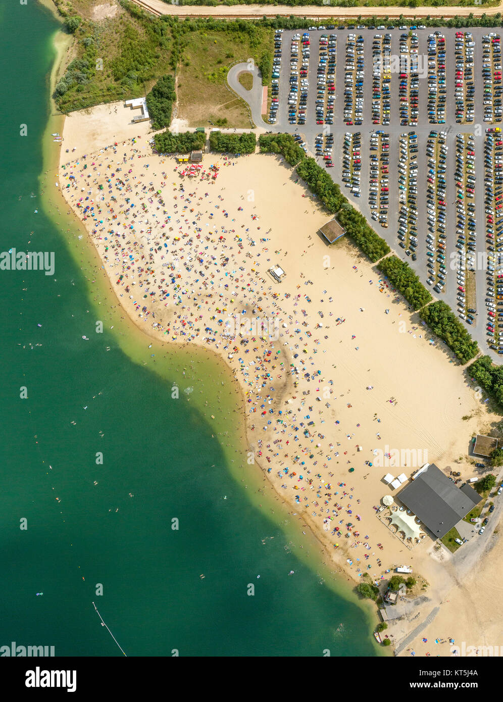 Silver II from the air, bathing, water reflection, sand beach and turquoise waters, aerial view of Haltern am See, Haltern am See, Ruhr, Nordrhein-Wes Stock Photo