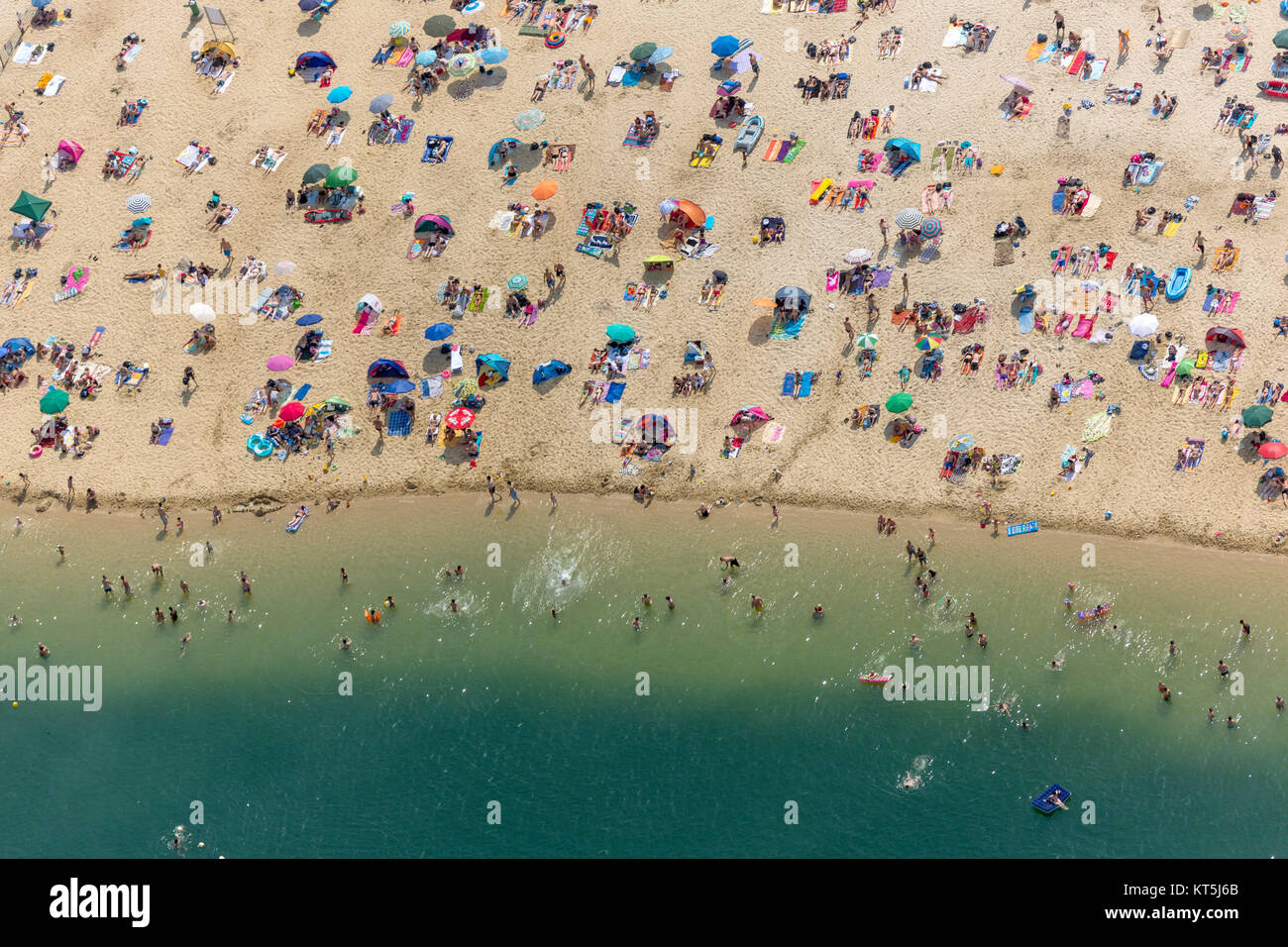 Silver II from the air, bathing, water reflection, sand beach and turquoise waters, aerial view of Haltern am See, Haltern am See, Ruhr, Nordrhein-Wes Stock Photo