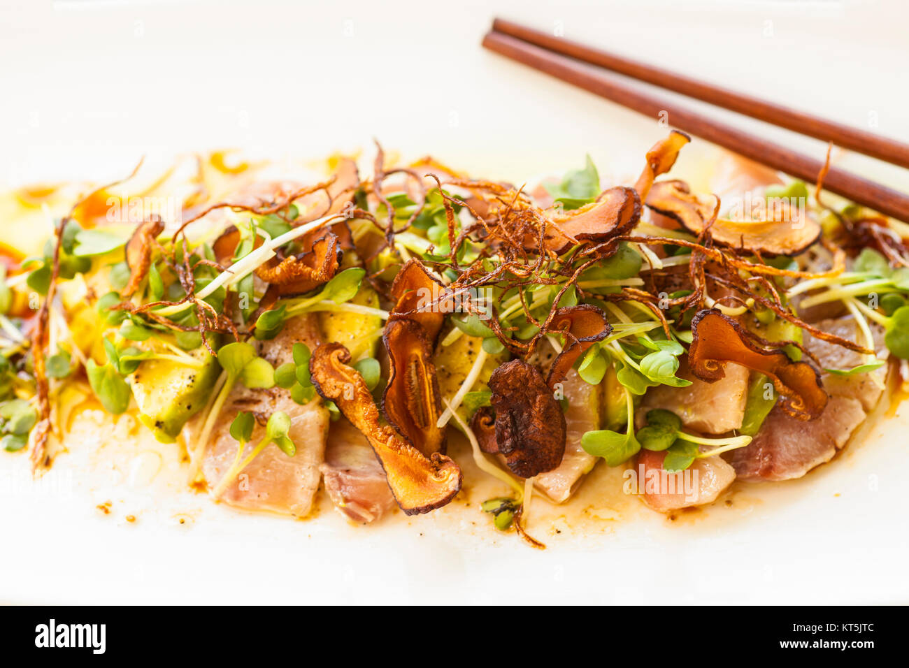 hamachi with avocado and soy-yuzu vinaigrette, The Gathering Table, The Ballard Inn and Restaurant, Ballard, Santa Ynez Valley, California Stock Photo