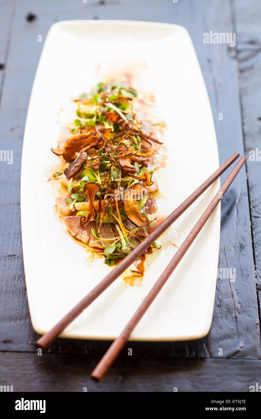 hamachi with avocado and soy-yuzu vinaigrette, The Gathering Table, The Ballard Inn and Restaurant, Ballard, Santa Ynez Valley, California Stock Photo