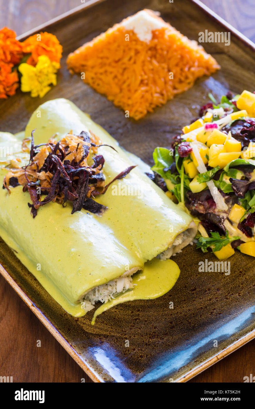 crab enchiladas, rice and salad, Santo Mezcal, Santa Barbara