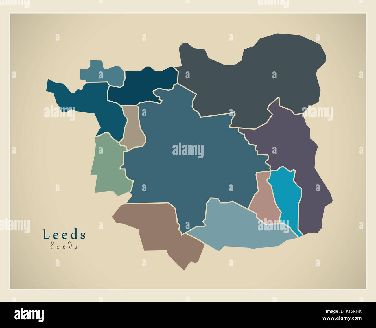 Modern City Maps - Leeds with boroughs coloured England illustration Stock Photo