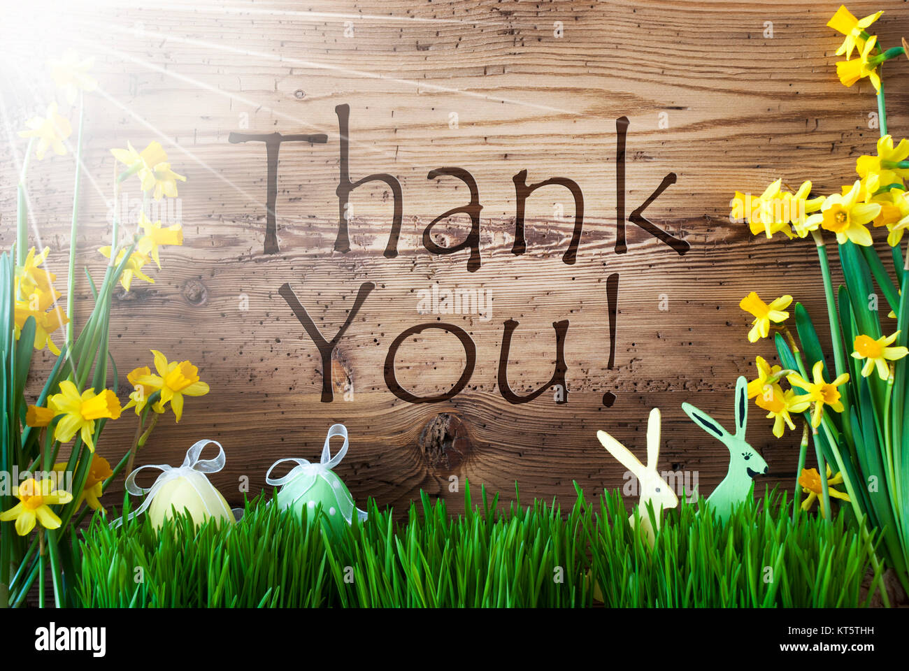 Wooden Background With English Text Thank You. Easter Decoration Like