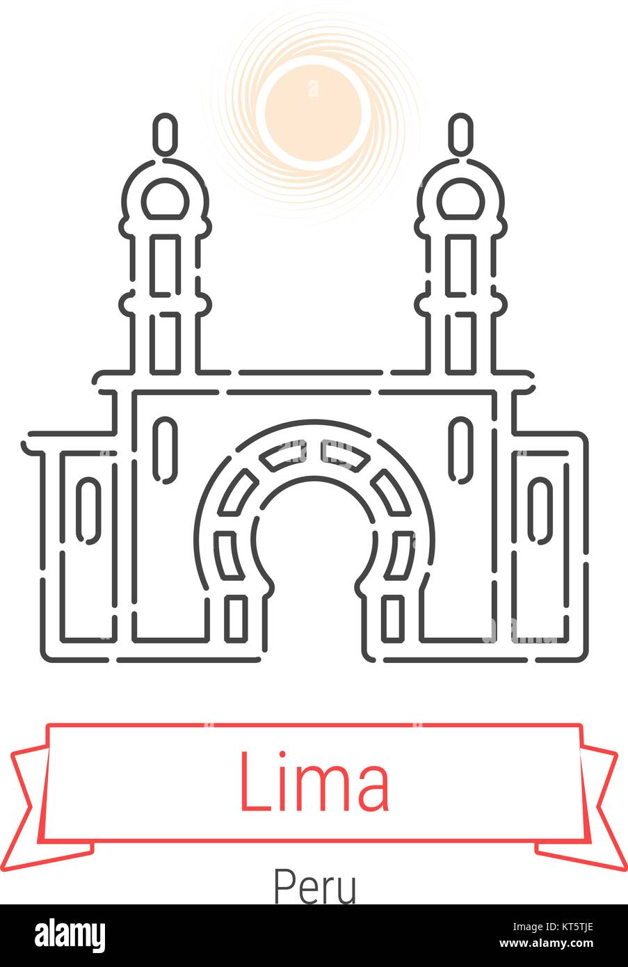 Lima, Peru Vector Line Icon with Red Ribbon Isolated on White. Lima Landmark - Emblem - Print - Label - Symbol. Park of Friendship Pictogram Stock Vector