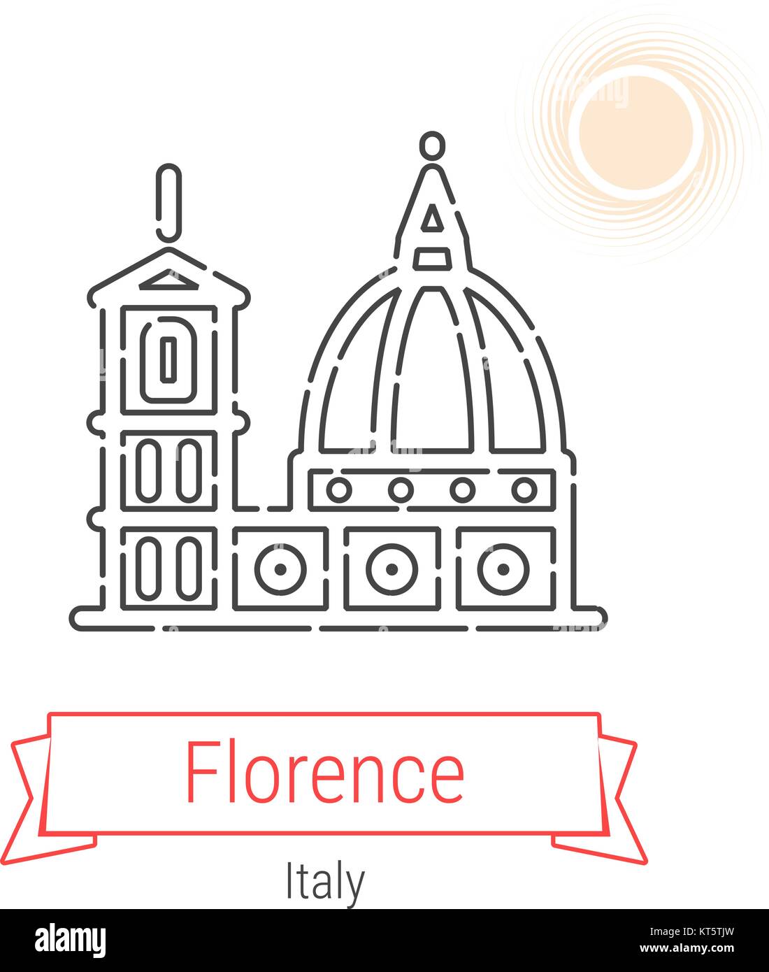 Florence, Italy Vector Line Icon with Red Ribbon Isolated on White. Florence Landmark - Emblem - Print - Label - Symbol. Cathedral of Santa Maria Stock Vector