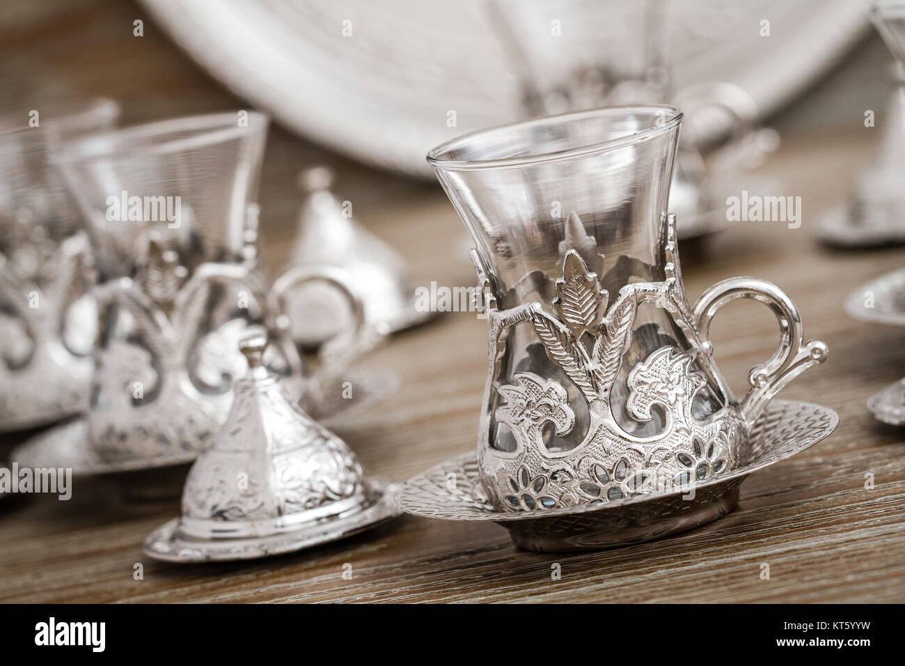 Traditional Silver Coffee Cup Set on Wooden Background Stock Photo - Alamy