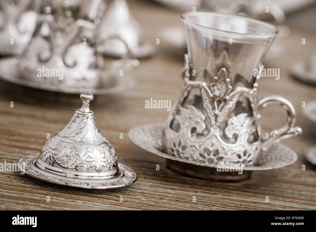 Traditional Silver Coffee Cup Set on Wooden Background Stock Photo - Alamy