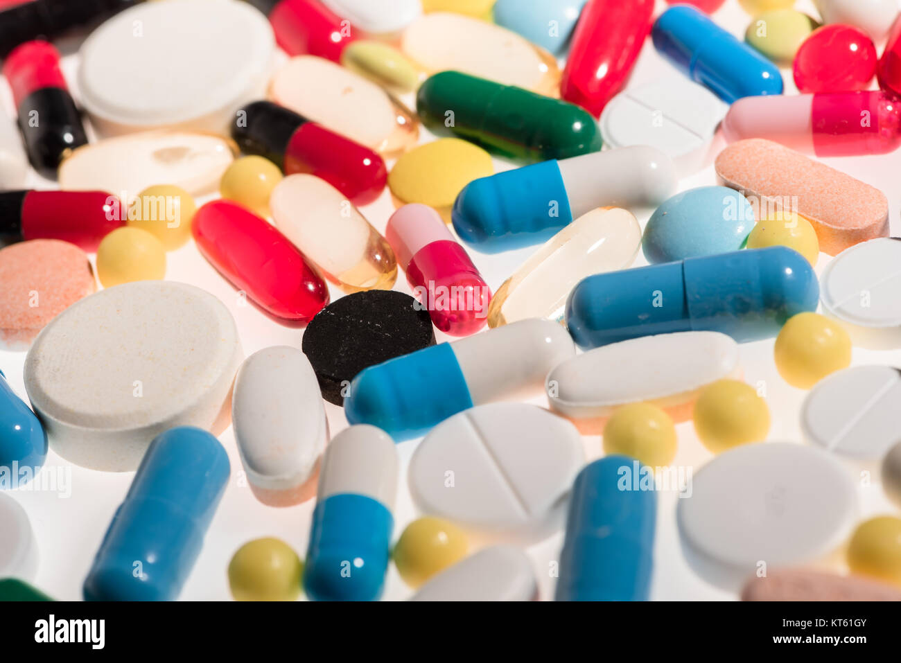 Close-up view of colorful medical pills and capsules, medicine and healthcare concept Stock Photo