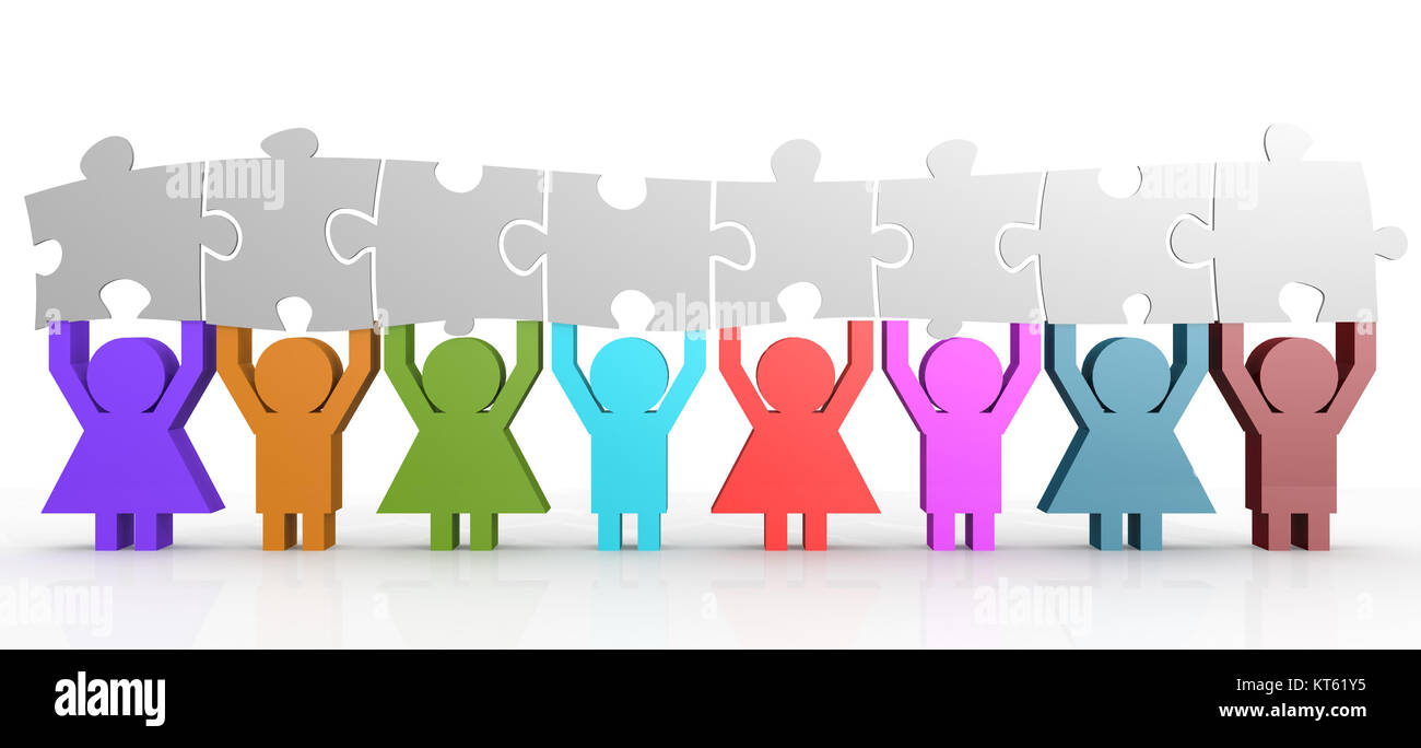 Eight people hold puzzle in a line Stock Photo