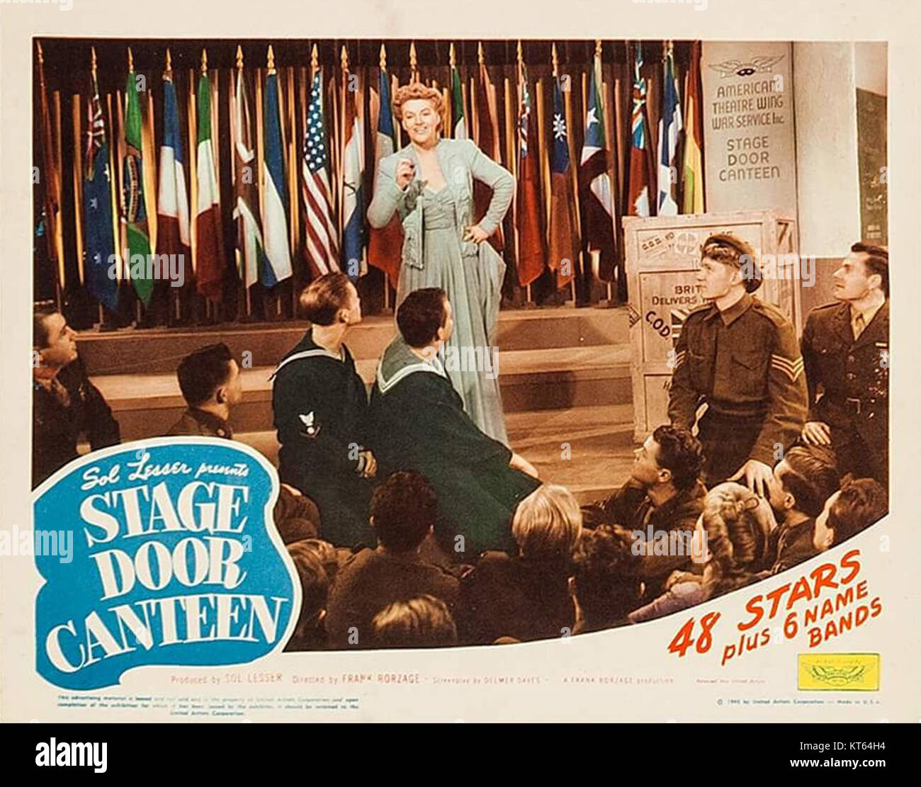 Stage Door Canteen was a popular gathering place for servicemen during World War II, providing entertainment and food. It became a symbol of morale and support during the war. Stock Photo