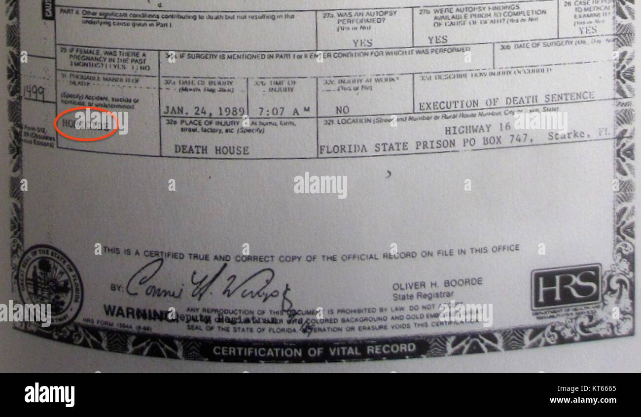 Ted Bundy, lower half of death certificate Stock Photo