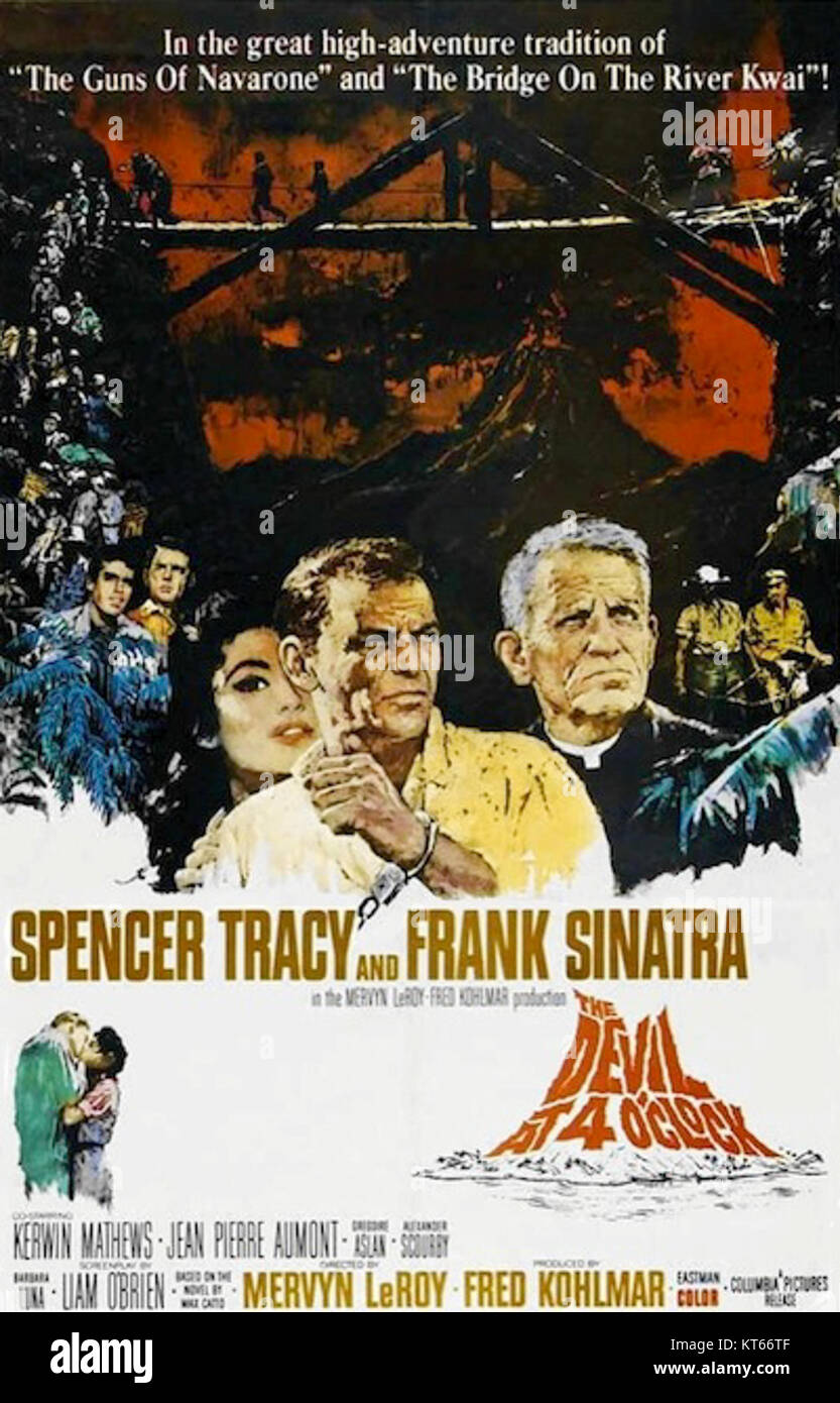 The 1961 film 'The Devil at 4 O'Clock' features a dramatic poster showcasing the film's central themes of survival and danger. Set in a tropical paradise, the story focuses on a group of survivors in a Catholic mission, facing both natural and human threats. Stock Photo