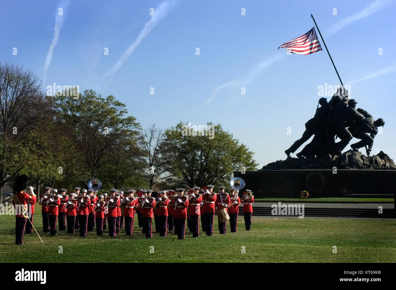 US Navy 041110-N-1810F-161 The U.S. Marine Corps marching band plays for an audience attending a wreath laying ceremony honoring the U.S. Marine Corps' 229th birthday at the Iwo Jima National Memorial Stock Photo