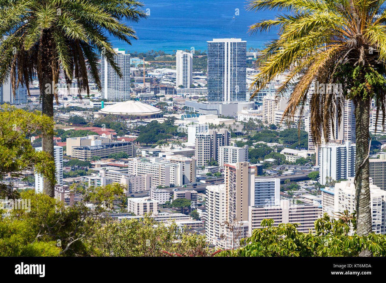 Aerial rooftop view of Neal Blaisdell Centre, Honolulu, Oahu, Hawaii