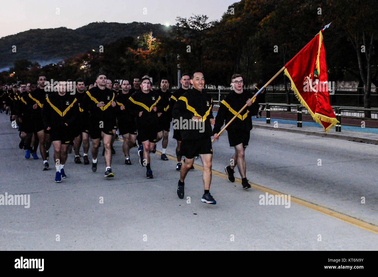 Soldiers assigned to 2nd Battalion, 4th Field Artillery Regiment, 210th Field Artillery Brigade, 2nd Infantry Division/ROK-US Combined Division run in a formation during brigade run at Camp Casey, Republic of Korea, Oct. 23, 2017. This run is designed to raise Esprit De Corps and to acknowledge Soldiers that showed outstanding performance in the Gen. Paik Board. (U.S. Army Stock Photo